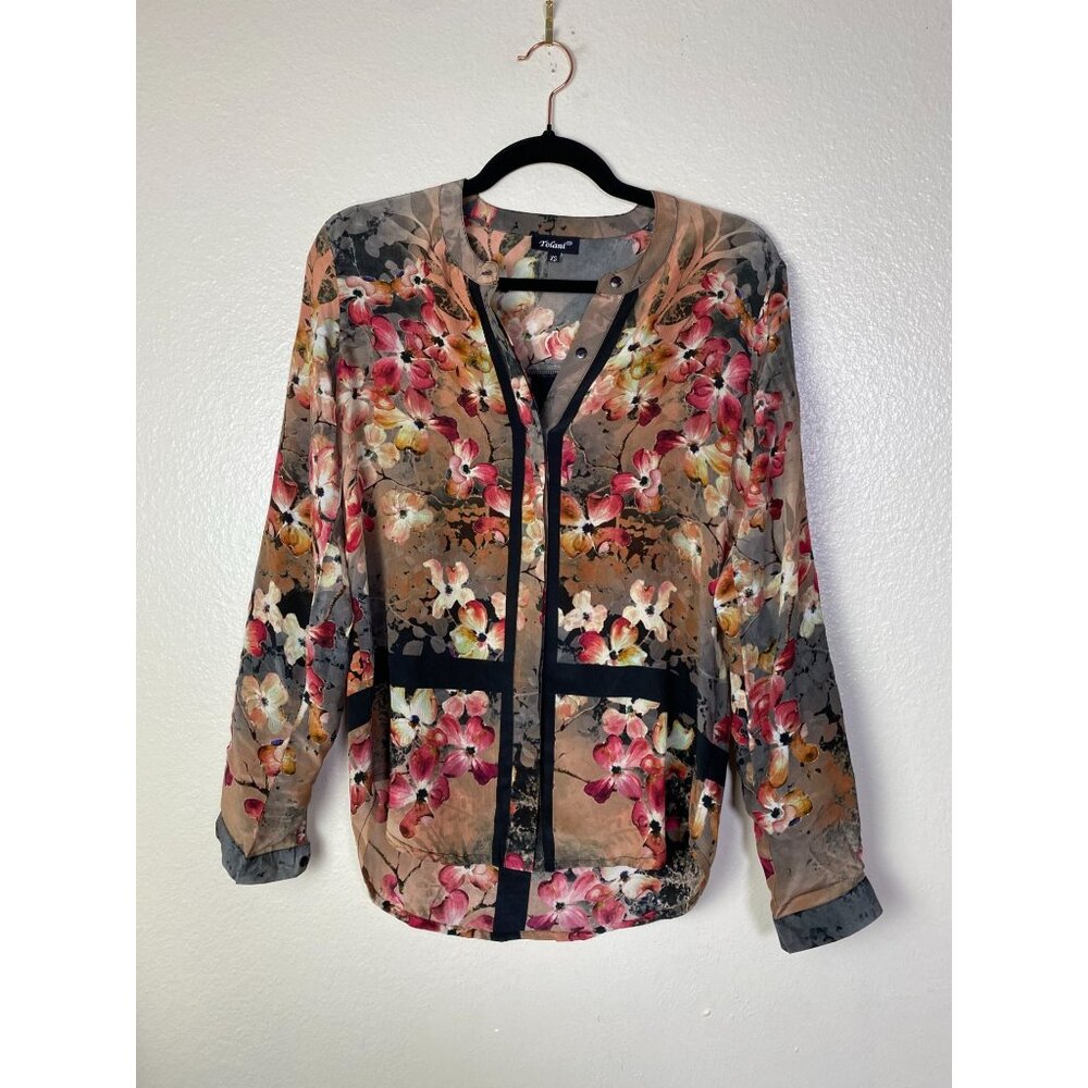 Tolani Floral 100% Silk Long Sleeve Button Up Top Women Size XS Lightweight Boho